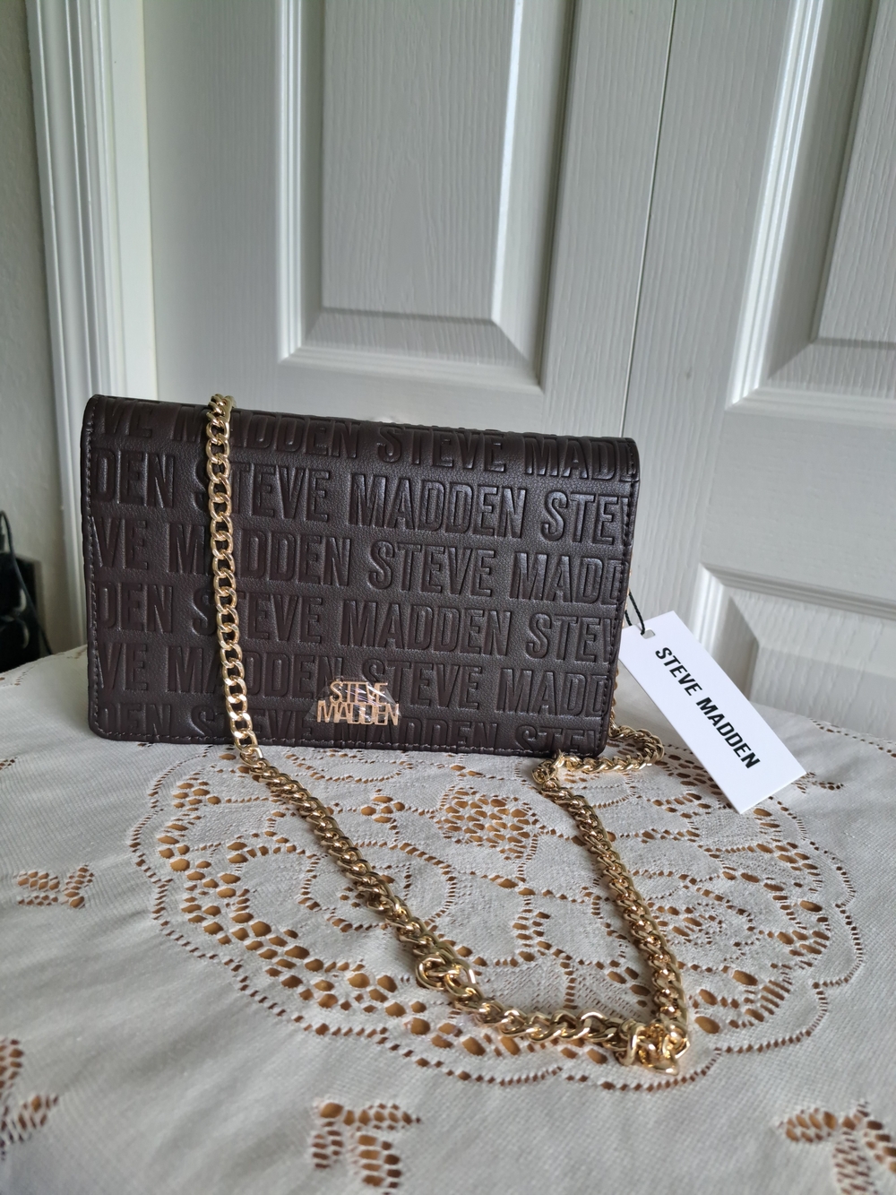 Steve Madden Embossed Logo Chain Crossbody - Cocoa Powder Color
